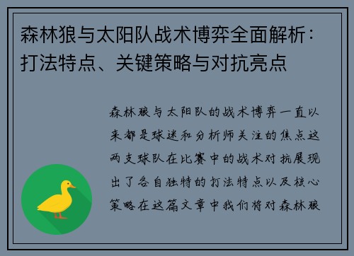 森林狼与太阳队战术博弈全面解析：打法特点、关键策略与对抗亮点