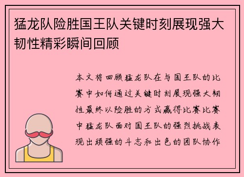 猛龙队险胜国王队关键时刻展现强大韧性精彩瞬间回顾